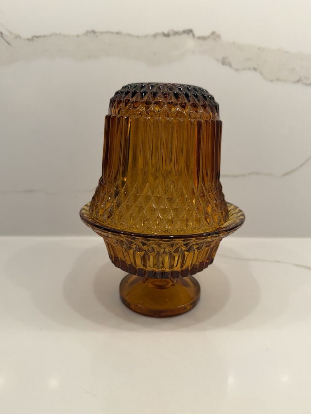 Indiana Glass Vintage Amber Diamond Point Fairy Lamp EUC Autumn Halloween Cozy